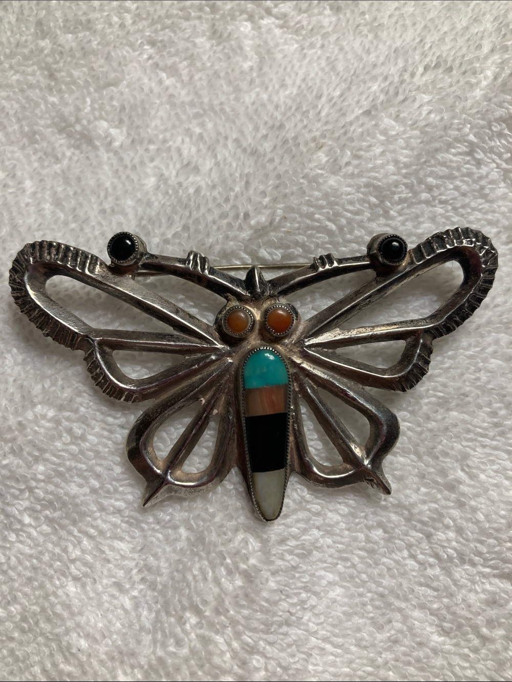 Vintage Zuni Multi-Stone Inlay Butterfly Pin Sterling Silver signed CEK